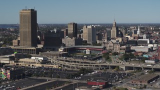 5.7K aerial stock footage slowly flying by the baseball stadium and skyline in Downtown Buffalo, New York Aerial Stock Footage | DX0002_201_043