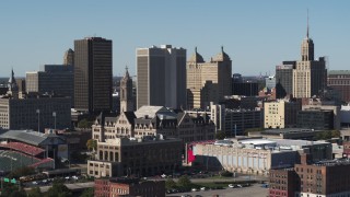 5.7K aerial stock footage reverse view of One M&T Plaza and Erie Community College, Downtown Buffalo, New York Aerial Stock Footage | DX0002_202_002