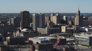 5.7K aerial stock footage of approaching office tower near Erie Community College, Downtown Buffalo, New York Aerial Stock Footage | DX0002_202_004