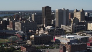 5.7K aerial stock footage of a reverse view of Erie Community College, Downtown Buffalo, New York Aerial Stock Footage | DX0002_202_007