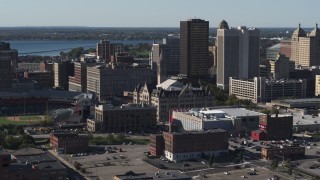 5.7K aerial stock footage approach and orbit Erie Community College, Downtown Buffalo, New York Aerial Stock Footage | DX0002_202_008