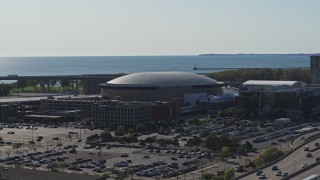 DX0002_202_011 - 5.7K aerial stock footage of flying away from KeyBank Center arena, Downtown Buffalo, New York