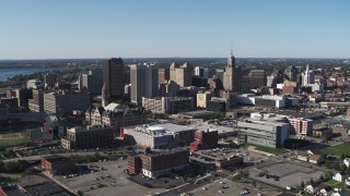 5.7K aerial stock footage reverse view of community college and office towers in Downtown Buffalo, New York Aerial Stock Footage | DX0002_202_015