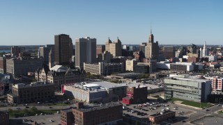 5.7K aerial stock footage reverse view of office towers near the community college in Downtown Buffalo, New York Aerial Stock Footage | DX0002_202_018