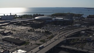 5.7K aerial stock footage of orbiting KeyBank Center arena and freeway, Downtown Buffalo, New York Aerial Stock Footage | DX0002_202_022