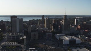 5.7K aerial stock footage of flying away from office towers in Downtown Buffalo, New York Aerial Stock Footage | DX0002_203_001