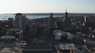 5.7K aerial stock footage of a trio of office towers in Downtown Buffalo, New York Aerial Stock Footage | DX0002_203_005