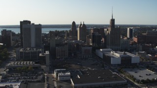 5.7K aerial stock footage descend and orbit a trio of office towers in Downtown Buffalo, New York Aerial Stock Footage | DX0002_203_006