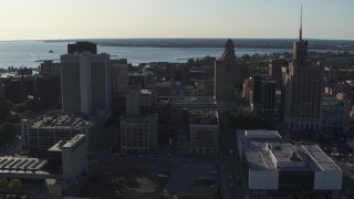 5.7K aerial stock footage of three tall office towers in Downtown Buffalo, New York Aerial Stock Footage | DX0002_203_016