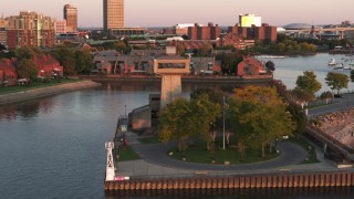 5.7K aerial stock footage orbit a lakeside observation deck at sunset, Buffalo, New York Aerial Stock Footage | DX0002_204_020