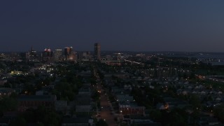 DX0002_204_049 - 5.7K aerial stock footage of a tall skyscraper and skyline at twilight, Downtown Buffalo, New York