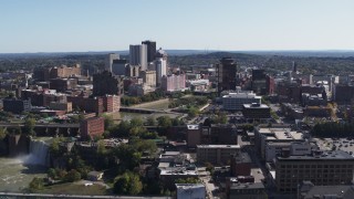 DX0002_206_038 - 5.7K aerial stock footage a wide view of High Falls, Genesee River and skyline, Downtown Rochester, New York