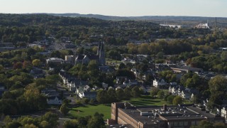 5.7K aerial stock footage of church steeples and homes in Syracuse, New York Aerial Stock Footage | DX0002_213_002