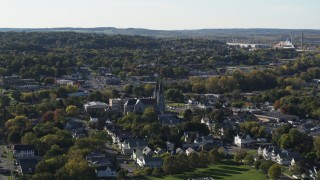 5.7K aerial stock footage of orbiting a church and residential neighborhood in Syracuse, New York Aerial Stock Footage | DX0002_213_006