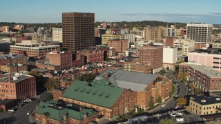 5.7K aerial stock footage of an orbit of Chase Tower and science museum, Downtown Syracuse, New York Aerial Stock Footage | DX0002_213_029