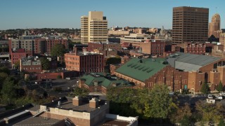 5.7K aerial stock footage of an orbit of the Museum of Science & Technology and office buildings, Downtown Syracuse, New York Aerial Stock Footage | DX0002_213_034