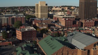 5.7K aerial stock footage of ascending by museum to reveal office buildings, Downtown Syracuse, New York Aerial Stock Footage | DX0002_213_039