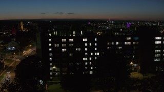 5.7K aerial stock footage of an orbit of Dellplain Hall university dormitory at twilight, Syracuse, New York Aerial Stock Footage | DX0002_215_011