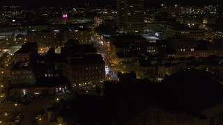 5.7K aerial stock footage approaching Franklin Street at night, Downtown Syracuse, New York Aerial Stock Footage | DX0002_215_022