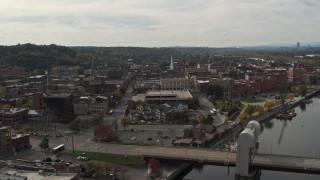 5.7K aerial stock footage of flying over the Green Island Bridge toward downtown, Troy, New York Aerial Stock Footage | DX0002_216_001