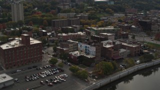 5.7K aerial stock footage of orbiting brick offices and shops in the downtown area of Troy, New York Aerial Stock Footage | DX0002_216_007