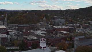 5.7K aerial stock footage of a wide orbit of city hall and downtown buildings before descent, Montpelier, Vermont Aerial Stock Footage | DX0002_219_033