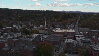 5.7K aerial stock footage orbit and fly away from church steeple and downtown buildings, Montpelier, Vermont Aerial Stock Footage | DX0002_219_034