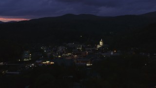 5.7K aerial stock footage of a view of the capitol dome lit up at twilight, Montpelier, Vermont Aerial Stock Footage | DX0002_220_059