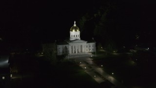 DX0002_221_001 - 5.7K aerial stock footage of orbiting the Vermont State Capitol at night, Montpelier, Vermont