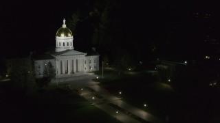 5.7K aerial stock footage fly around a dark building for a view of the Vermont State Capitol at night, Montpelier, Vermont Aerial Stock Footage | DX0002_221_018