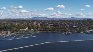 5.7K aerial stock footage of the downtown area seen from Lake Champlain breakwaters, Burlington, Vermont Aerial Stock Footage | DX0002_222_007