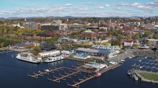 5.7K aerial stock footage of city buildings in downtown, seen from Ferry Dock Marina, Burlington, Vermont Aerial Stock Footage | DX0002_224_001