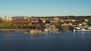 5.7K aerial stock footage of orbiting city buildings near marinas, Burlington, Vermont Aerial Stock Footage | DX0002_224_060