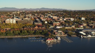 5.7K aerial stock footage of a wide orbit of downtown buildings and marina, Burlington, Vermont Aerial Stock Footage | DX0002_224_066