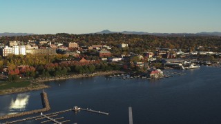 5.7K aerial stock footage slowly orbit downtown buildings, Waterfront Park and Lake Champlain marina, Burlington, Vermont Aerial Stock Footage | DX0002_224_070