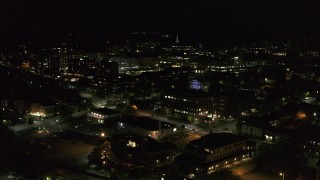 5.7K aerial stock footage orbit Battery Street and office buildings in downtown, then fly away at night, Burlington, Vermont Aerial Stock Footage | DX0002_226_053