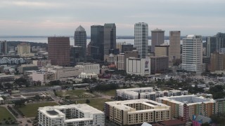 5.7K aerial stock footage of a view of skyscrapers in the city's skyline, Downtown Tampa, Florida Aerial Stock Footage | DX0003_230_040