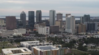 DX0003_230_041 - 5.7K aerial stock footage of a view of tall skyscrapers in the city's skyline, Downtown Tampa, Florida