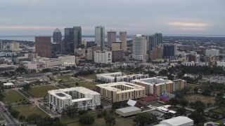 5.7K aerial stock footage a wide view passing skyscrapers in the city's skyline, Downtown Tampa, Florida Aerial Stock Footage | DX0003_231_012