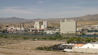 4K aerial stock footage of desert hotels and casinos across the Colorado River in Laughlin, Nevada Aerial Stock Footage | FG0001_000002