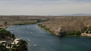 4K aerial stock footage of speed boat and docks on the Colorado River in Laughlin, Nevada Aerial Stock Footage | FG0001_000007