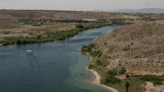 4K aerial stock footage of a riverfront hotel beside the Colorado River in Bullhead City, Arizona Aerial Stock Footage | FG0001_000008