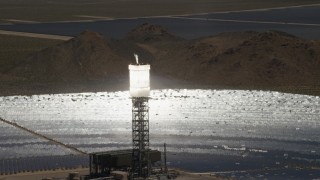 4K aerial stock footage zoom wider from a clope-up of a power tower boiler at the Ivanpah Solar Electric Generating System in California Aerial Stock Footage | FG0001_000203