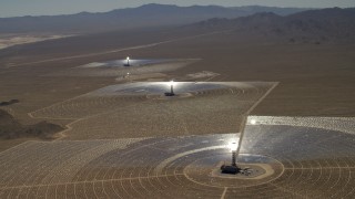 4K aerial stock footage of a view of the three solar power structures at the Ivanpah Solar Electric Generating System in California Aerial Stock Footage | FG0001_000210