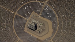 4K aerial stock footage of a bird's eye view of one of the mirror arrays and power towers at the Ivanpah Solar Electric Generating System in California Aerial Stock Footage | FG0001_000218