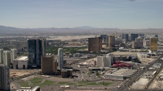 4K aerial stock footage flyby Fontainebleau, Circus Circus, and Encore casino hotels on the Las Vegas Strip in Nevada Aerial Stock Footage | FG0001_000320