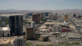 4K aerial stock footage of the Las Vegas Strip casino resorts seen from Circus Circus in Nevada Aerial Stock Footage | FG0001_000343