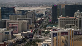 4K aerial stock footage of Las Vegas Boulevard, Paris Las Vegas, and Bally's on the Las Vegas Strip, Nevada Aerial Stock Footage | FG0001_000346