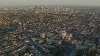 HD stock footage aerial video approach Children's Hospital Los Angeles and Downtown Los Angeles at sunset, California Aerial Stock Footage | HDA06_12