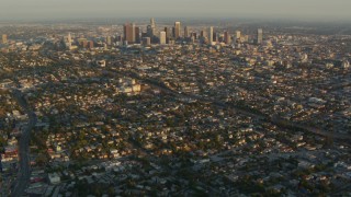 HD stock footage aerial video Downtown Los Angeles skyscrapers seen from Echo Park neighborhoods at sunset, California Aerial Stock Footage | HDA06_14